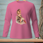 Pink long sleeve shirt with a mermaid and lobster graphic featuring text.