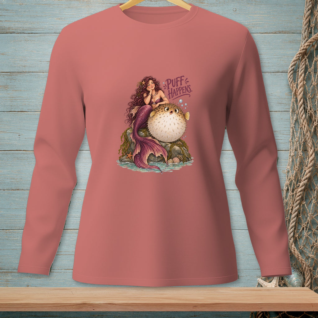 Mermaid with pufferfish, text "PUFF HAPPENS."