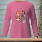 Two mermaids sit on a rock with a pile of seashells and trinkets.