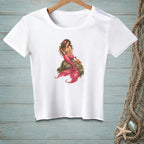 White t-shirt with a mermaid illustration sitting on a rock with two crabs.