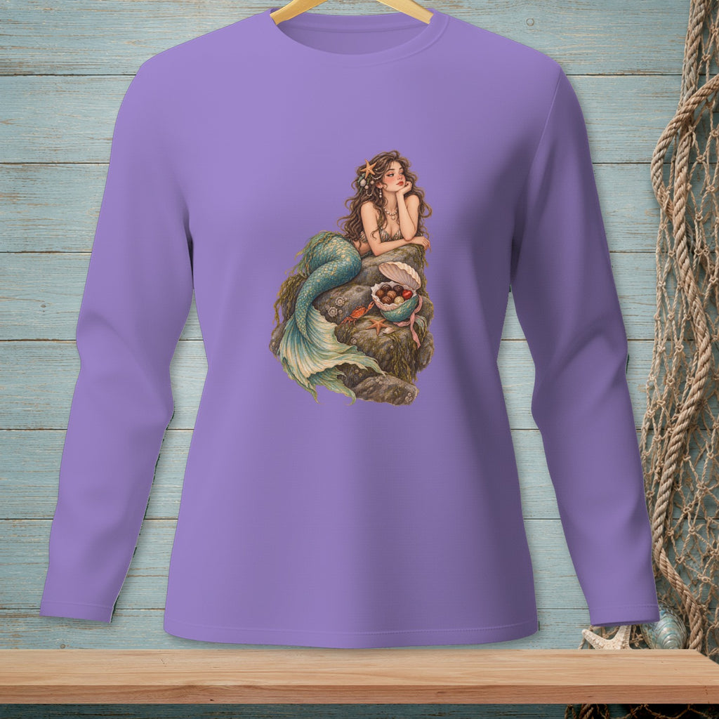 Purple long sleeve shirt with a mermaid graphic on a rock.