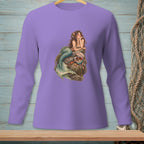 Purple long sleeve shirt with a mermaid graphic on a rock.