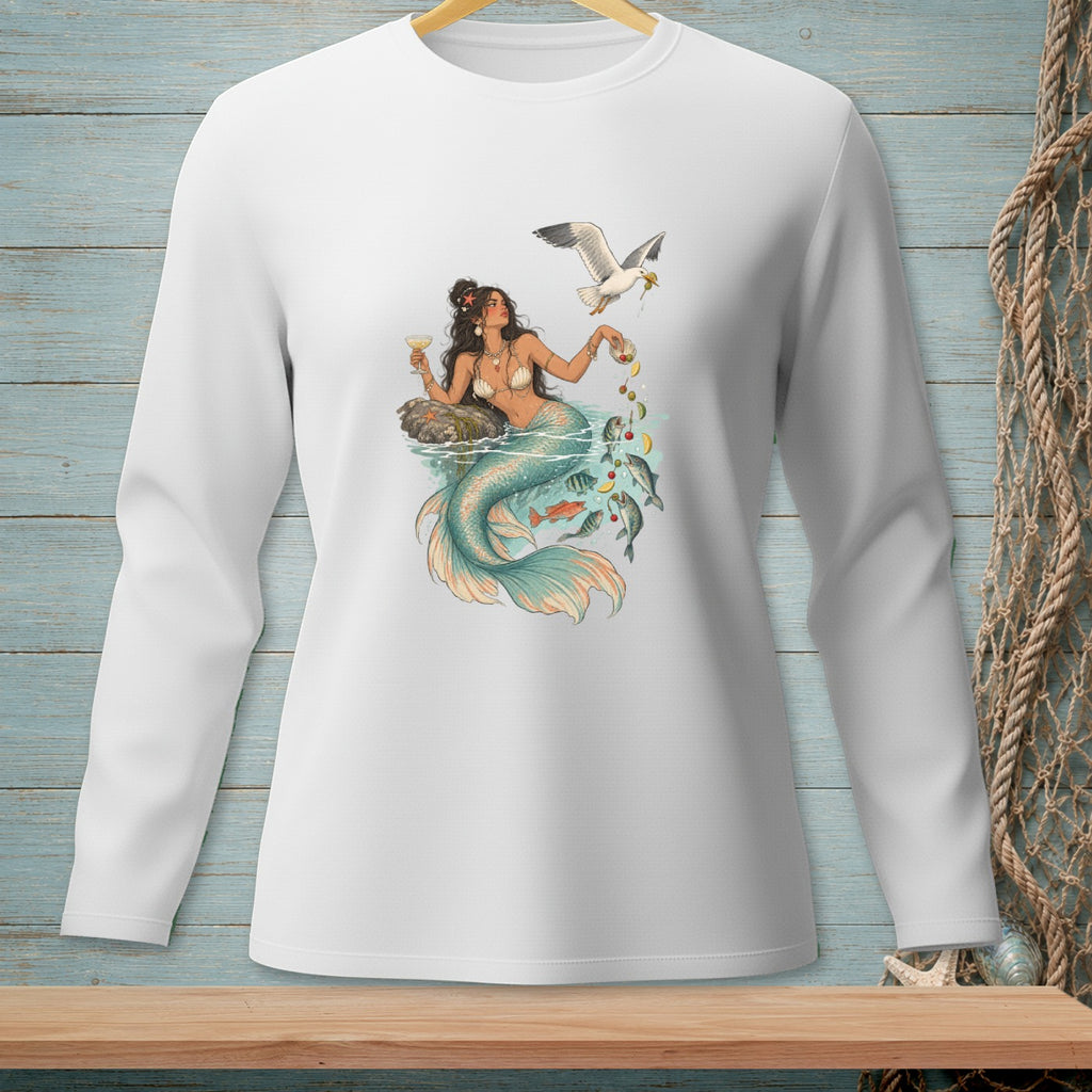 Mermaid with cocktail and fruit, with a seagull dropping food, surrounded by fish.