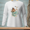 Mermaid with cocktail and fruit, with a seagull dropping food, surrounded by fish.
