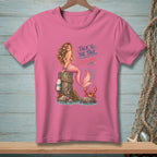 Mermaid sitting on a post with crab and text "Talk to the Tail, Crabcake."