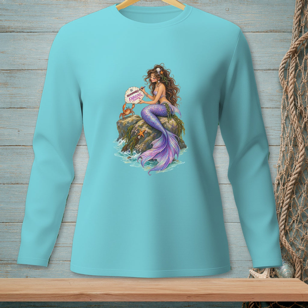 Mermaid holding seashell sign that reads "Be Reasonably Fabulous".