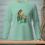 Mermaid reading a letter on a dock with a crab and drinks.