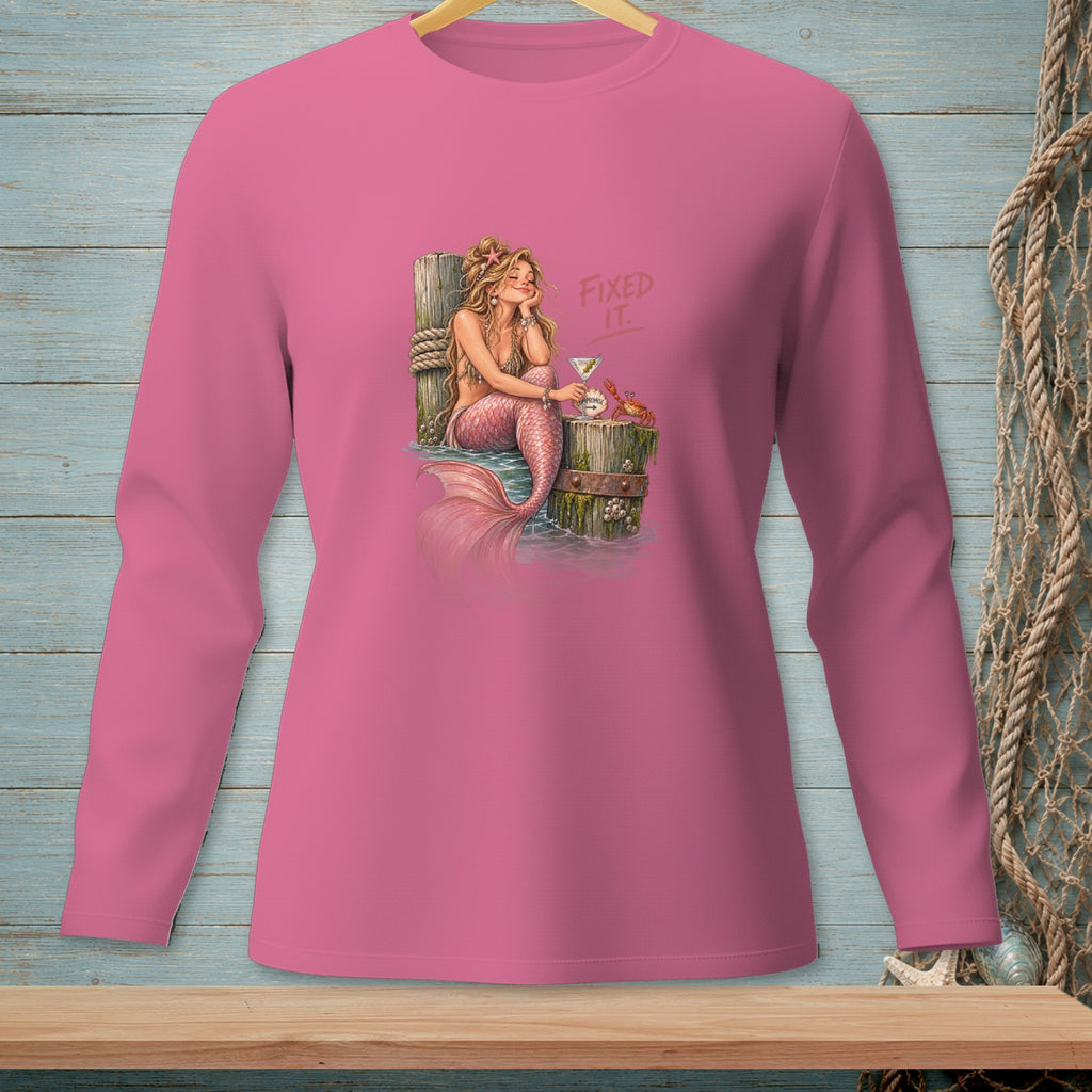 Pink long-sleeve shirt with a mermaid graphic and "FIXED IT." text.