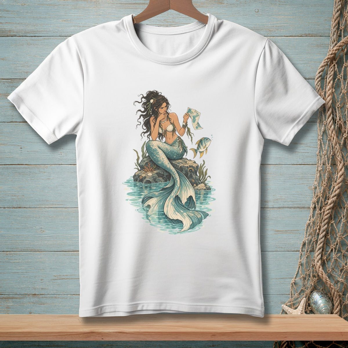 White t-shirt with graphic of a mermaid sitting on a rock with a fish.