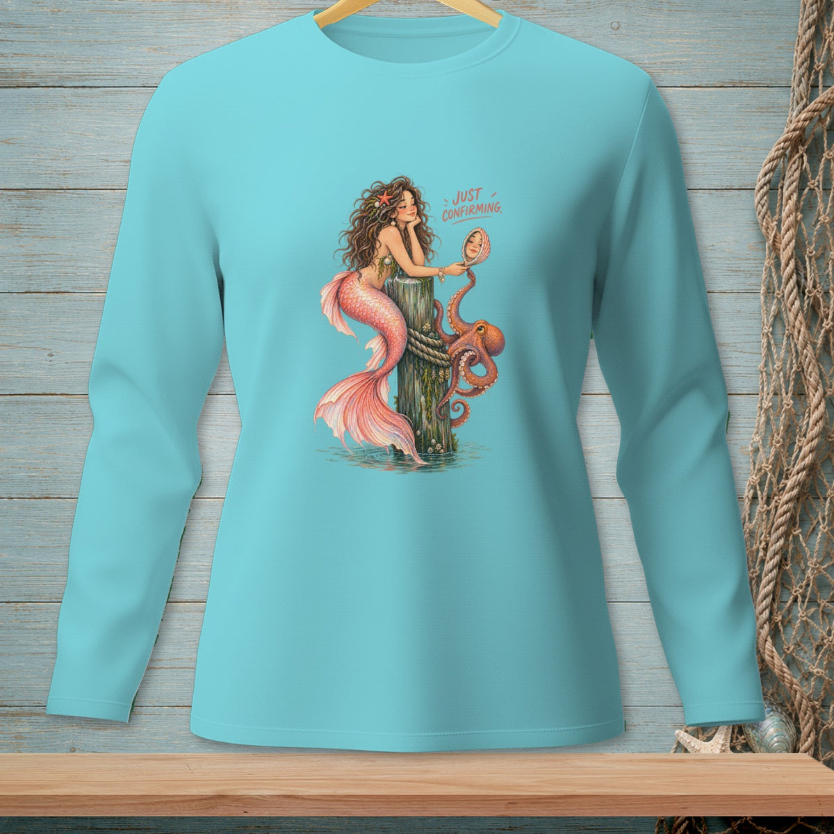 Mermaid with octopus looks in mirror, text reads "Just Confirming".
