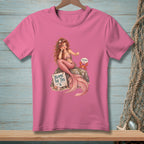 Pink t-shirt with a mermaid sitting on a rock next to a crab and sign.