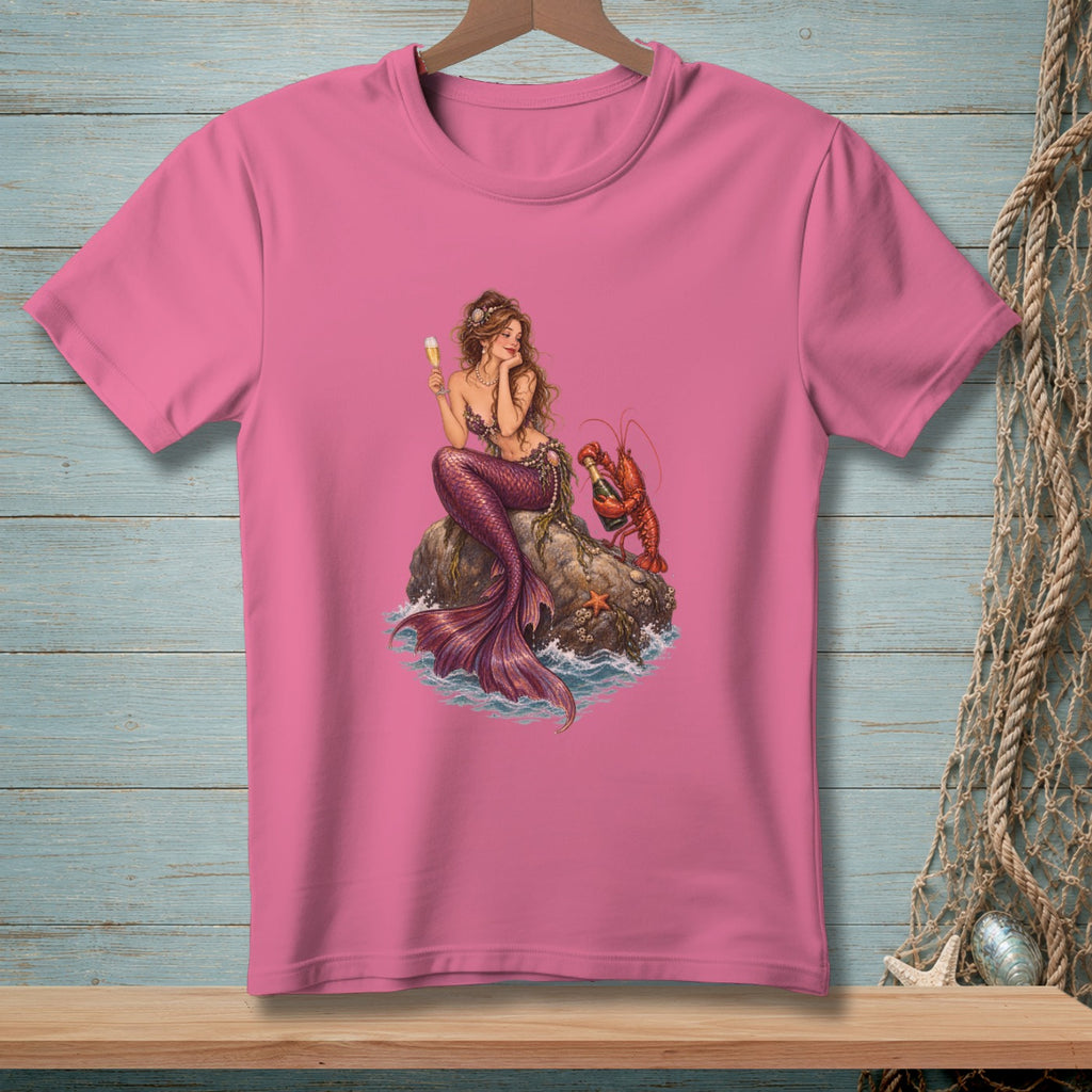 Mermaid holding a champagne flute with a lobster on a rock.