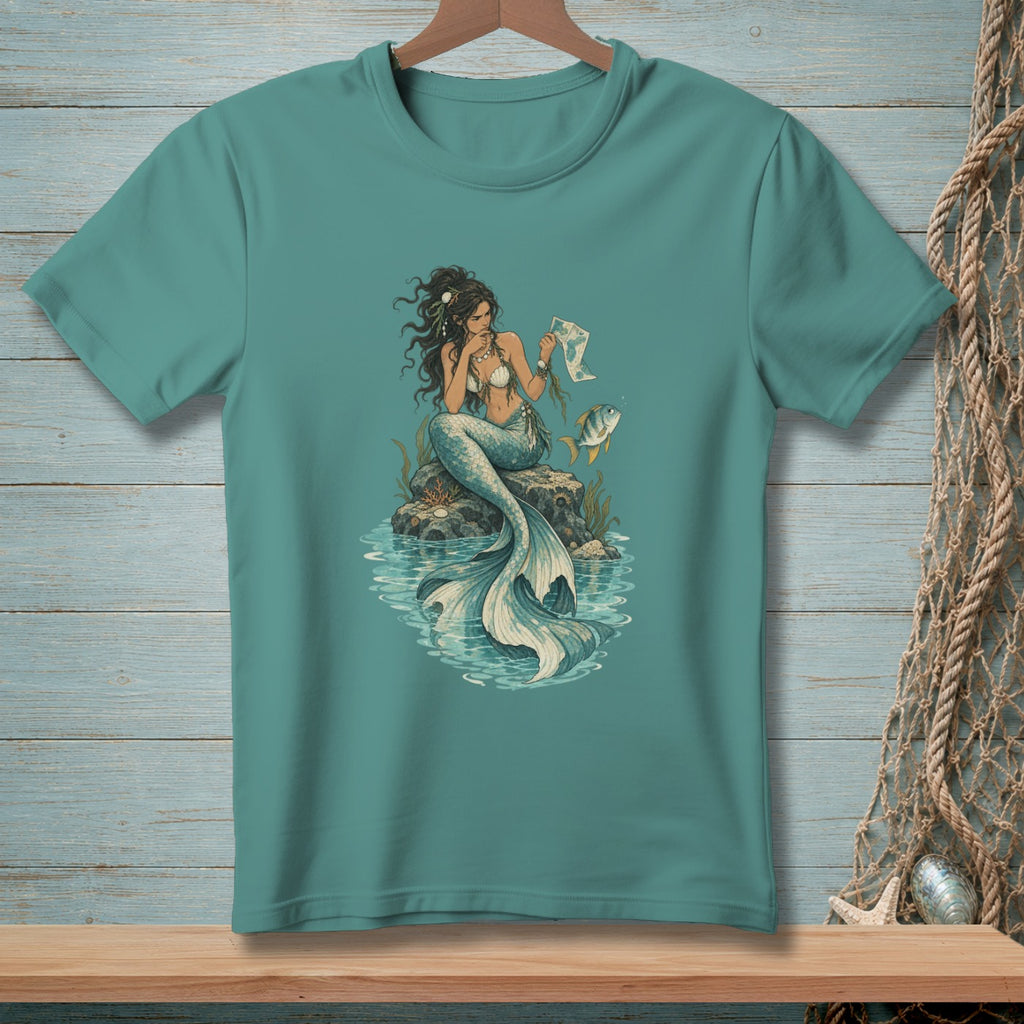 Mermaid sitting on a rock, reading a map, with a fish nearby.