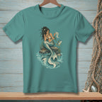 Mermaid sitting on a rock, reading a map, with a fish nearby.