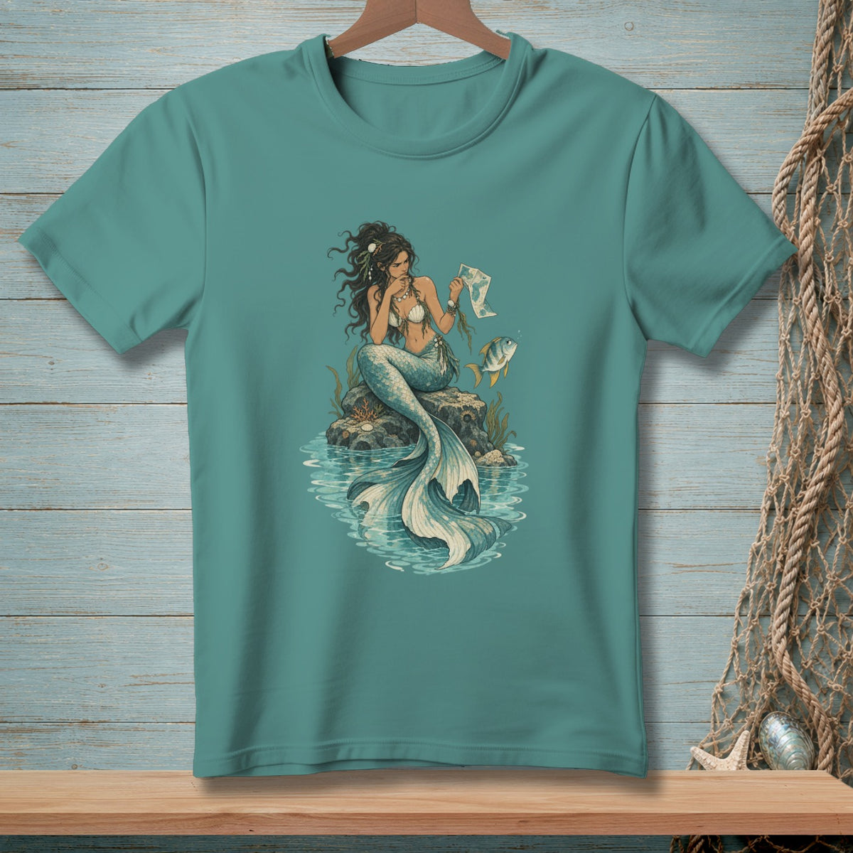 Mermaid sitting on a rock, reading a map, with a fish nearby.