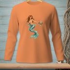 Long sleeve orange shirt with mermaid illustration holding a drink and a drink tray.