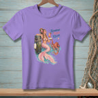 Purple t-shirt graphic with a mermaid, octopus, and text "Repurpose. Relax."