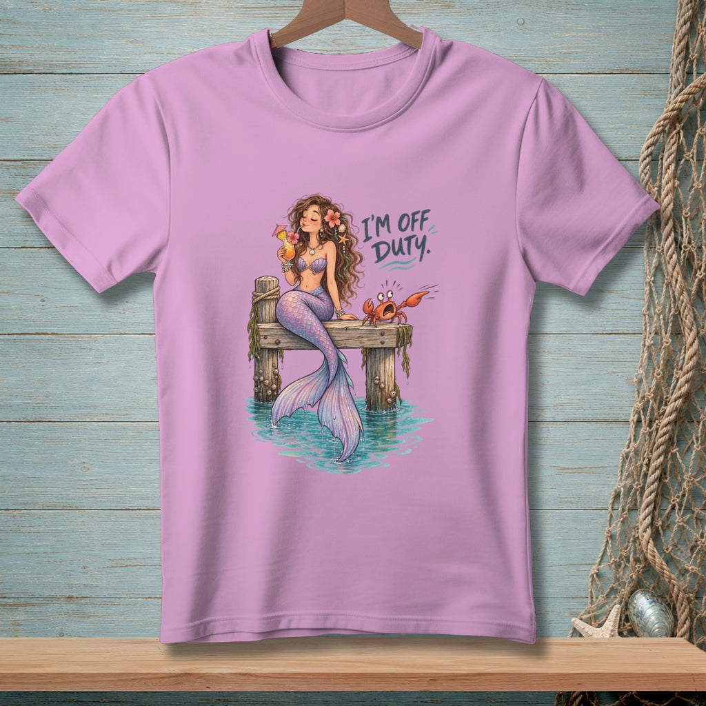 Mermaid on pier with drink and crab, text "I'm Off Duty."