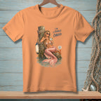 Peach t-shirt with a mermaid holding a drink, text "I'M LITERALLY CHILLED".
