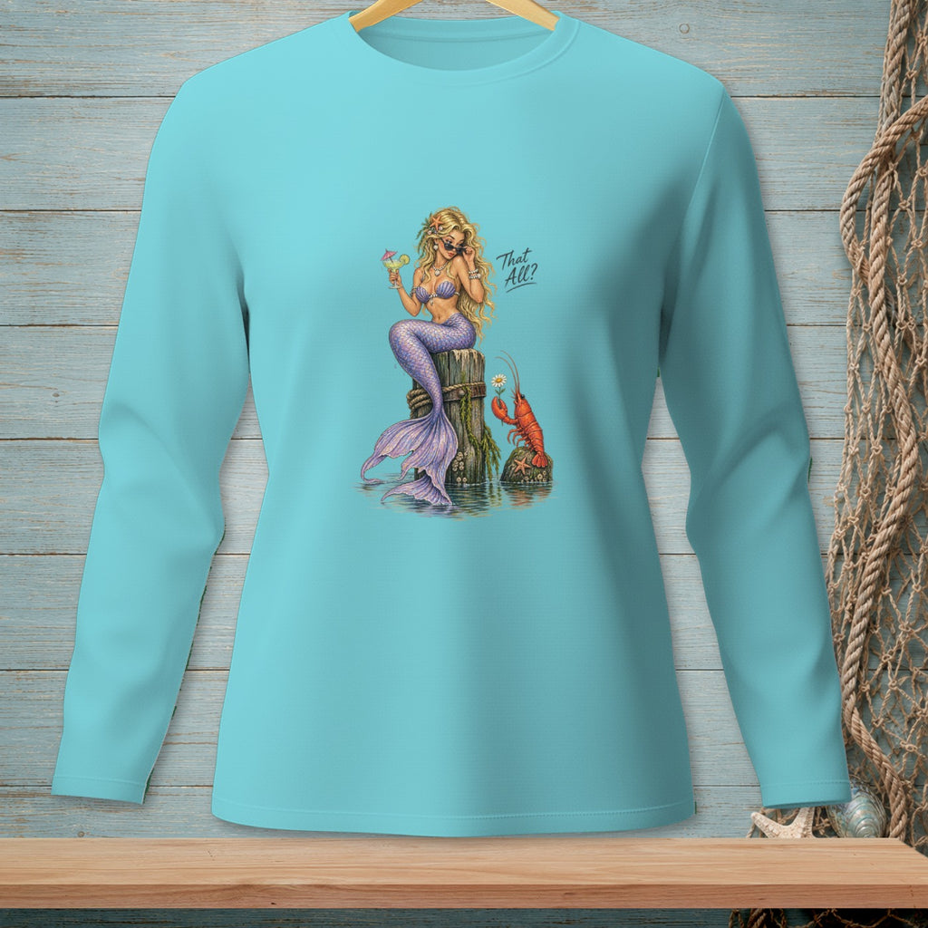 Mermaid holding a drink with a lobster and text "That All?".