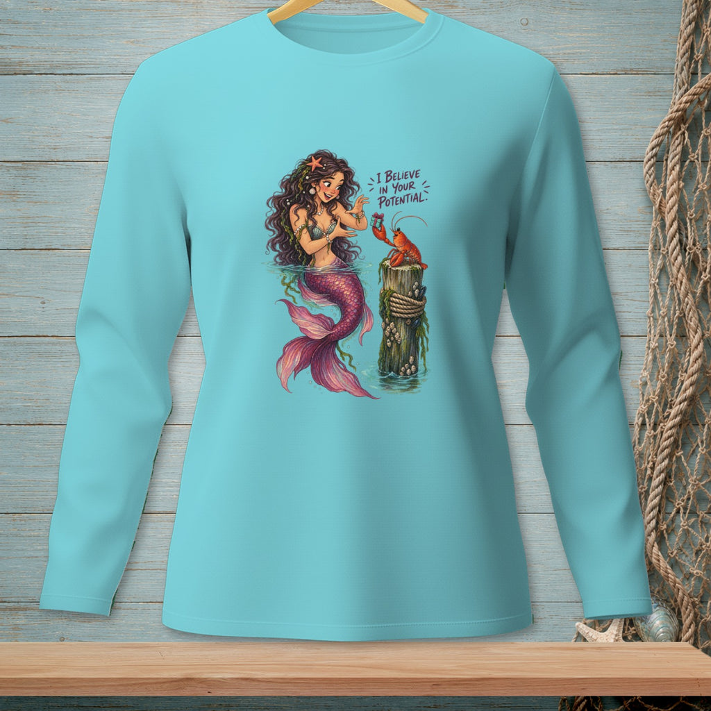 Mermaid with lobster on a post, with text "I BELIEVE IN YOUR POTENTIAL."