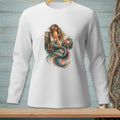 White long-sleeve shirt with a graphic of a mermaid with flowers in her hair.