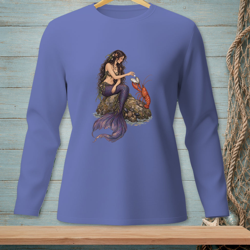 Mermaid with pearl and lobster on rock graphic on a periwinkle long-sleeve shirt.