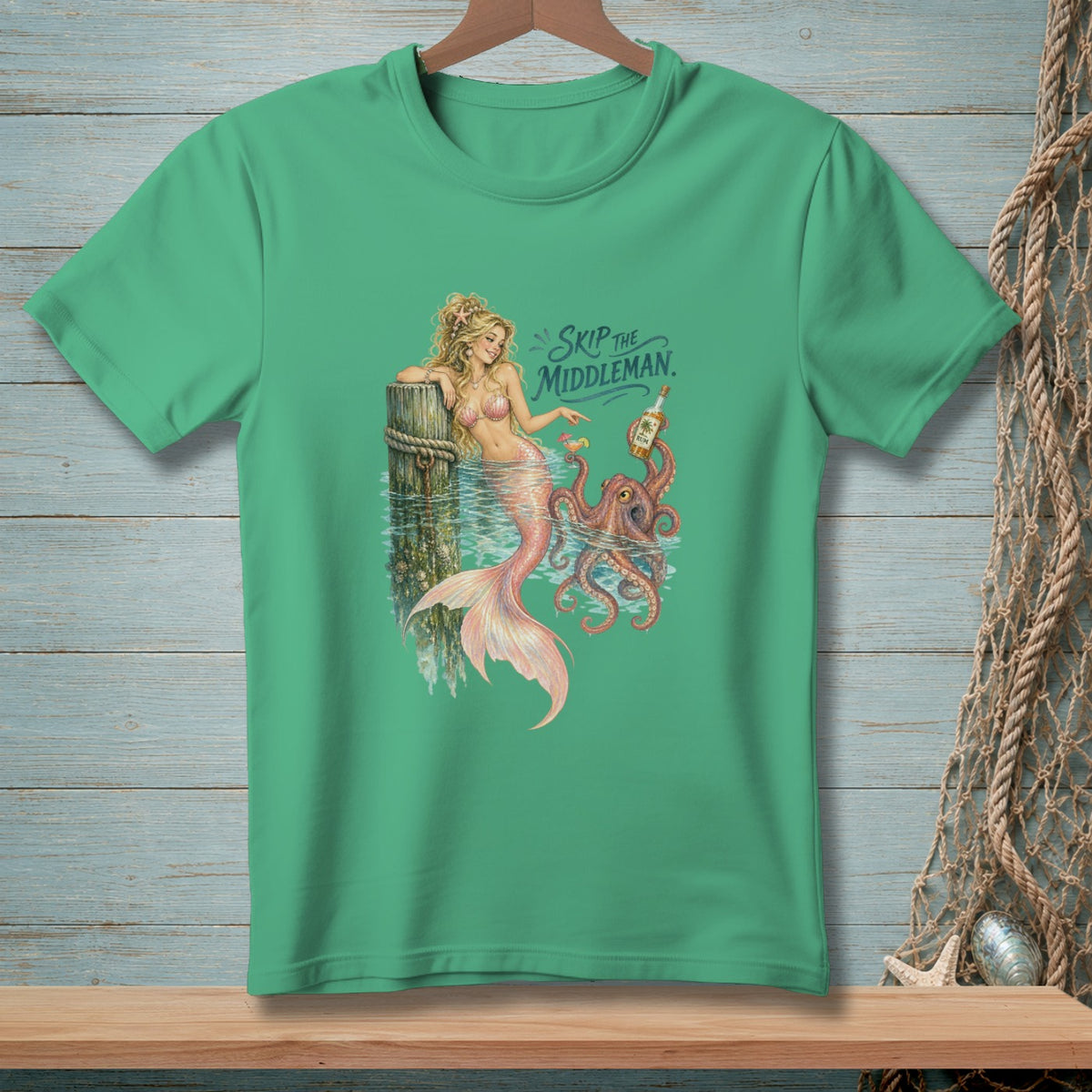Mermaid with octopus and rum bottle, text reads "Skip the Middleman."