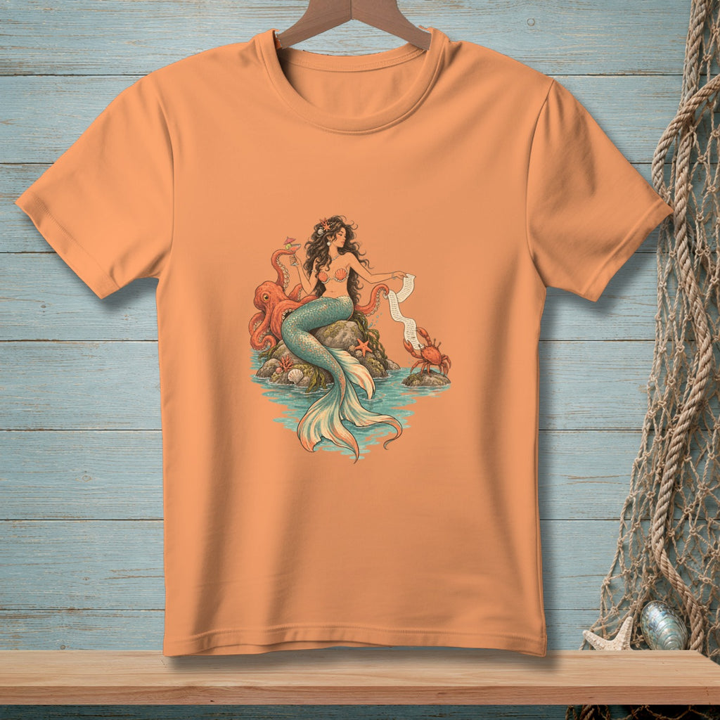 Illustration of a mermaid with octopus and crab holding a scroll.