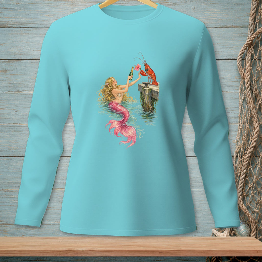 Mermaid with champagne bottle and lobster on a dock, wearing a pink tail.
