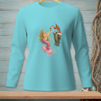 Mermaid with champagne bottle and lobster on a dock, wearing a pink tail.