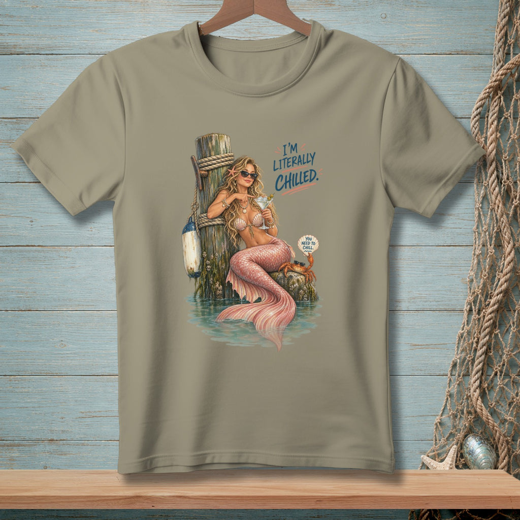 T-shirt graphic of a mermaid with text "I'M LITERALLY CHILLED" and a crab.