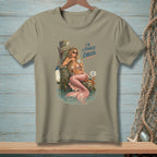 T-shirt graphic of a mermaid with text "I'M LITERALLY CHILLED" and a crab.