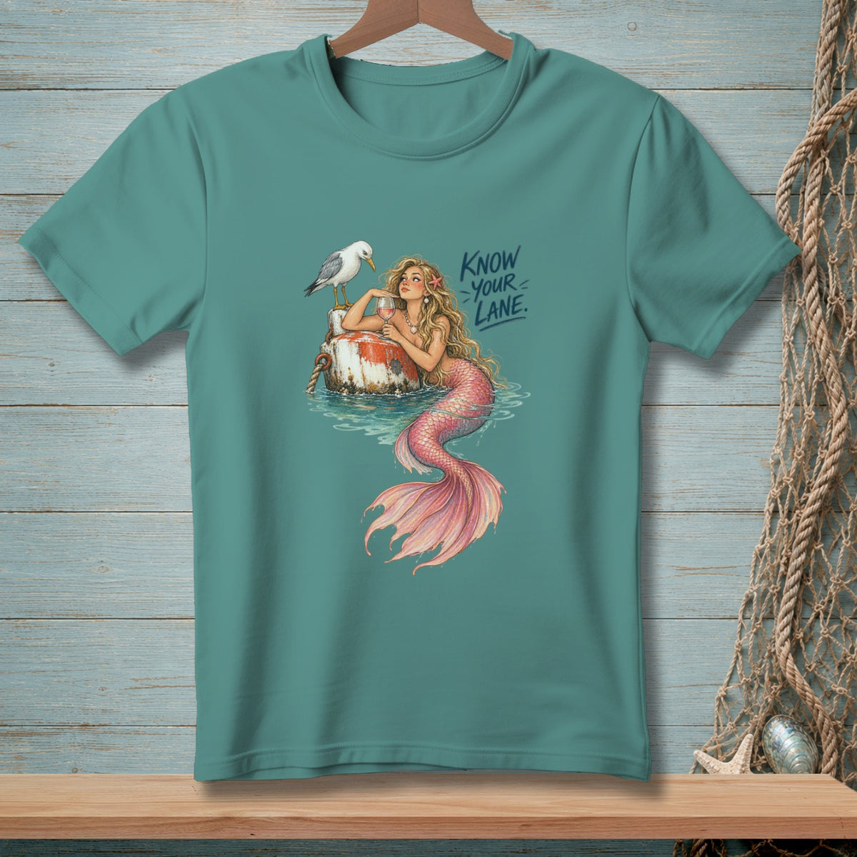 Mermaid with seagull and wine on buoy, "Know Your Lane" text.