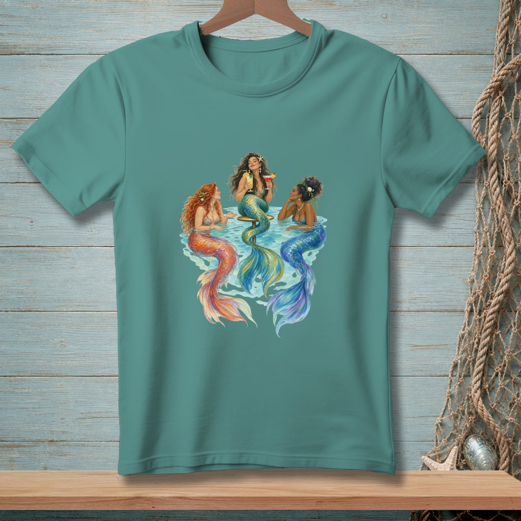 Three mermaids with colorful tails relax and drink cocktails in the water.