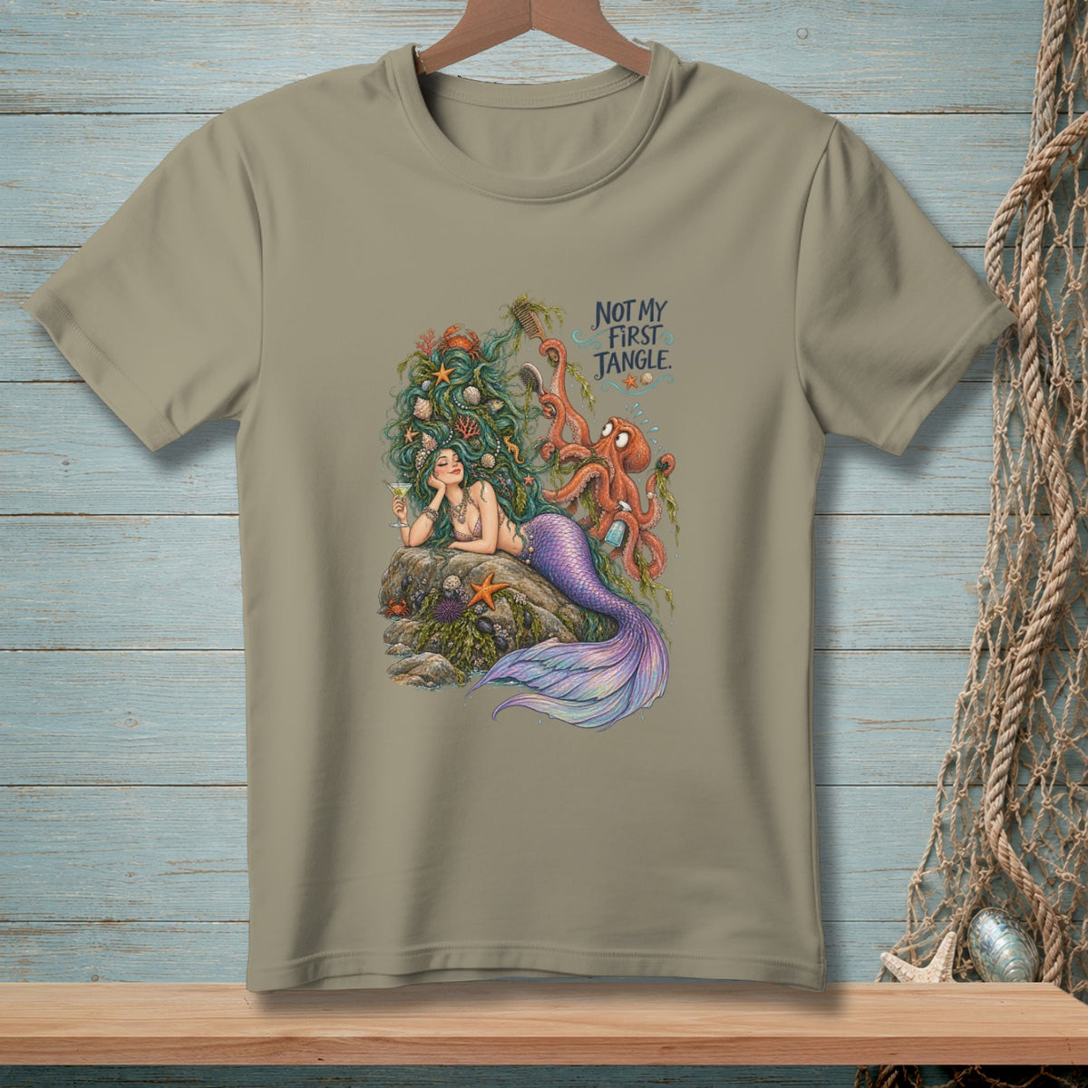 T-shirt with illustration of a mermaid and octopus, reading "Not My First Jangle."