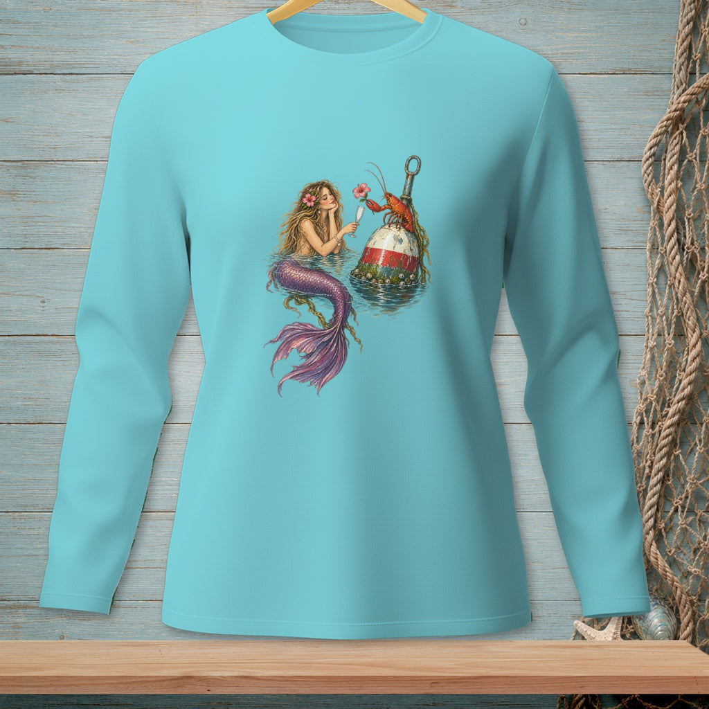 Illustration of mermaid with lobster and buoy on a light blue long sleeve shirt.