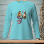 Illustration of mermaid with lobster and buoy on a light blue long sleeve shirt.