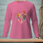 Pink long sleeve shirt with a mermaid and lobster on a dock.