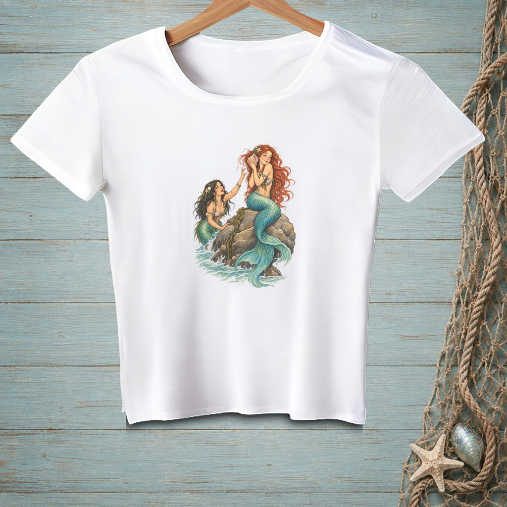 White t-shirt with two mermaids by a rock and blue water.