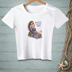 White t-shirt with a mermaid and seagull graphic saying "Respectfully, Get Your Own".