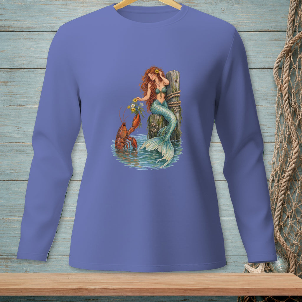 Mermaid with lobster and flowers on a wooden post in water.