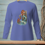 Mermaid with lobster and flowers on a wooden post in water.