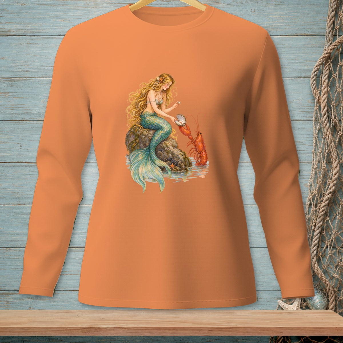 Mermaid sitting on a rock opens a clam for a lobster.
