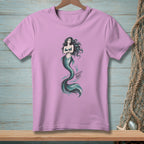 Pink t-shirt with a mermaid graphic that says "ABSOLUTELY NOT."