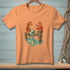 Mermaid and lobster interact on a pier, with a pearl and oysters nearby.