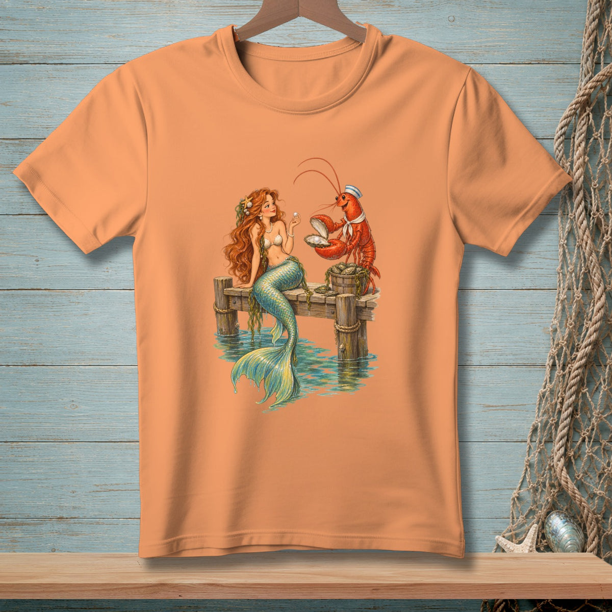 Mermaid and lobster interact on a pier, with a pearl and oysters nearby.