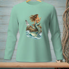 Mint long-sleeve shirt with mermaid sitting on a rock with a seagull and martini.
