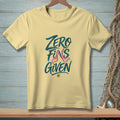Yellow t-shirt with "Zero Fins Given" text and mermaid tail graphic.