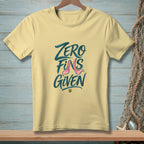 Yellow t-shirt with "Zero Fins Given" text and mermaid tail graphic.